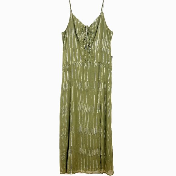 NWT Express Maxi Dress Olive Green Metallic Cutout Ruched Front Women's Size XL - Picture 4 of 16